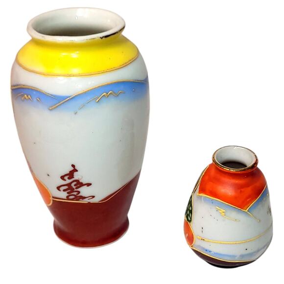 1940's Vintage Miniature 2.5" & 3.5" Occupied Japan Satsuma Hand Painted Vases - Picture 4 of 10